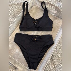 BONGO black ribbed two-piece swimsuit set, gold accents, high-waisted bottoms